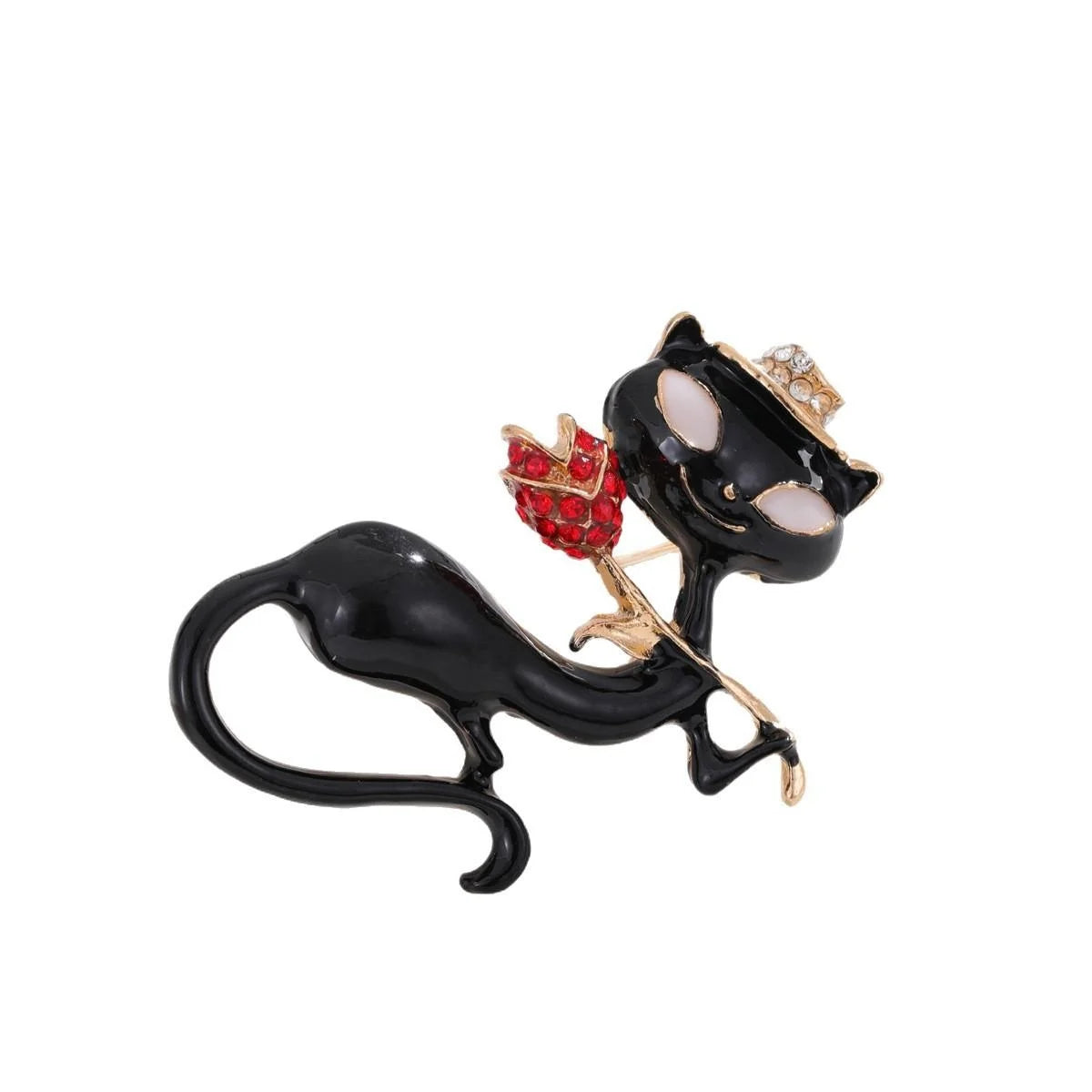 Cute Black Cat Holding Red Rose Alloy Enamel Rhinestone Brooch, Elegant Animal Lapel Pin Gift