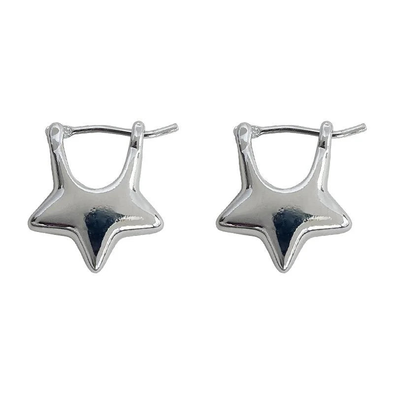 Sweet Cool Silver Tone Copper Five Point Star Stud Earrings Trendy Minimalist Fashion Jewelry