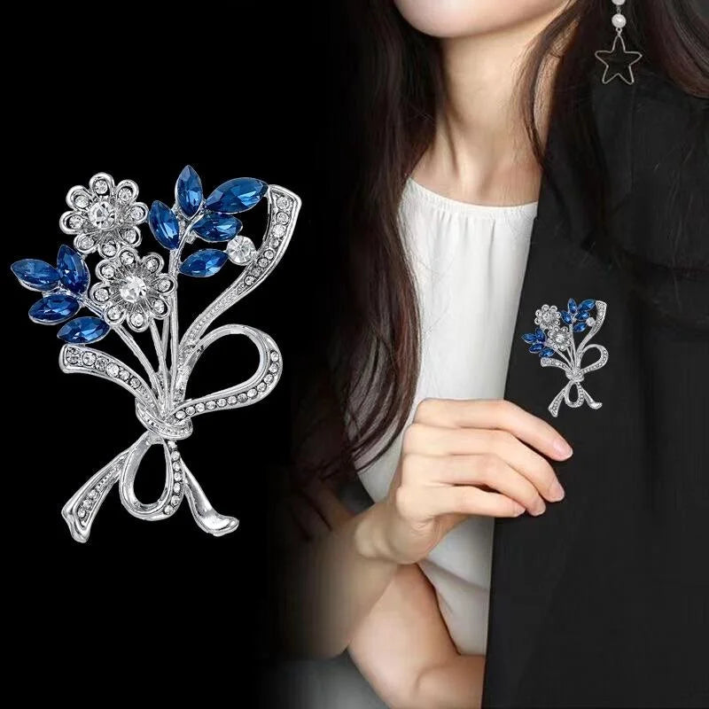 Elegant Blue Crystal Rhinestone Flower Bouquet Brooch For Women, Vintage Alloy Lapel Pin Suit Accessory Gift