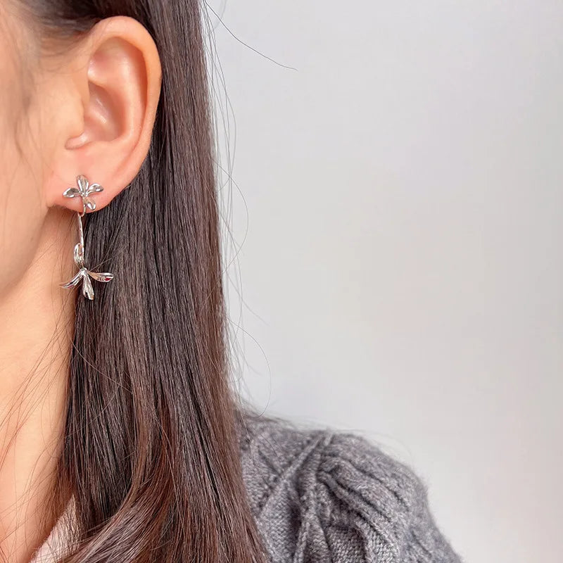 Elegant Silver Alloy 3D Gardenia Flower Spiral Drop Stud & Clip On No Piercing Back Hanging Earrings