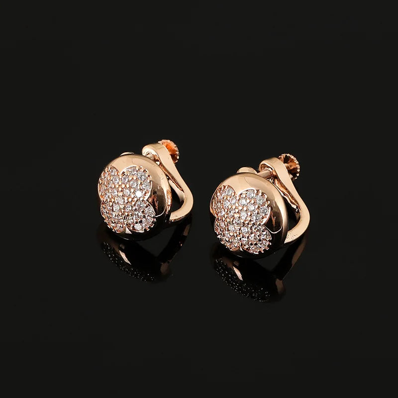 Luxury Four Leaf Clover Rhinestone Round Alloy Stud & Clip On No Piercing Commuter Earrings