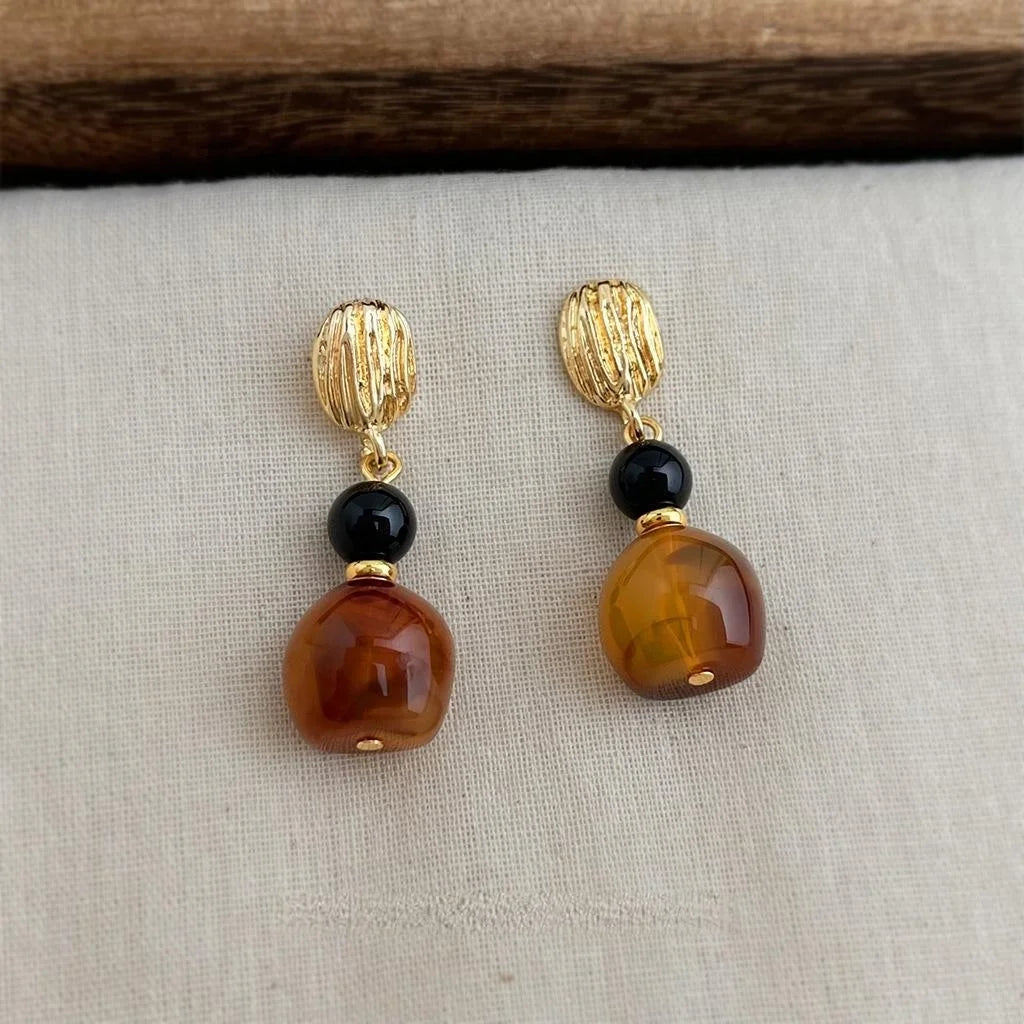 Handmade Maillard Style Ombre Resin Black Onyx Geometric Tassel Drop Earrings With Copper