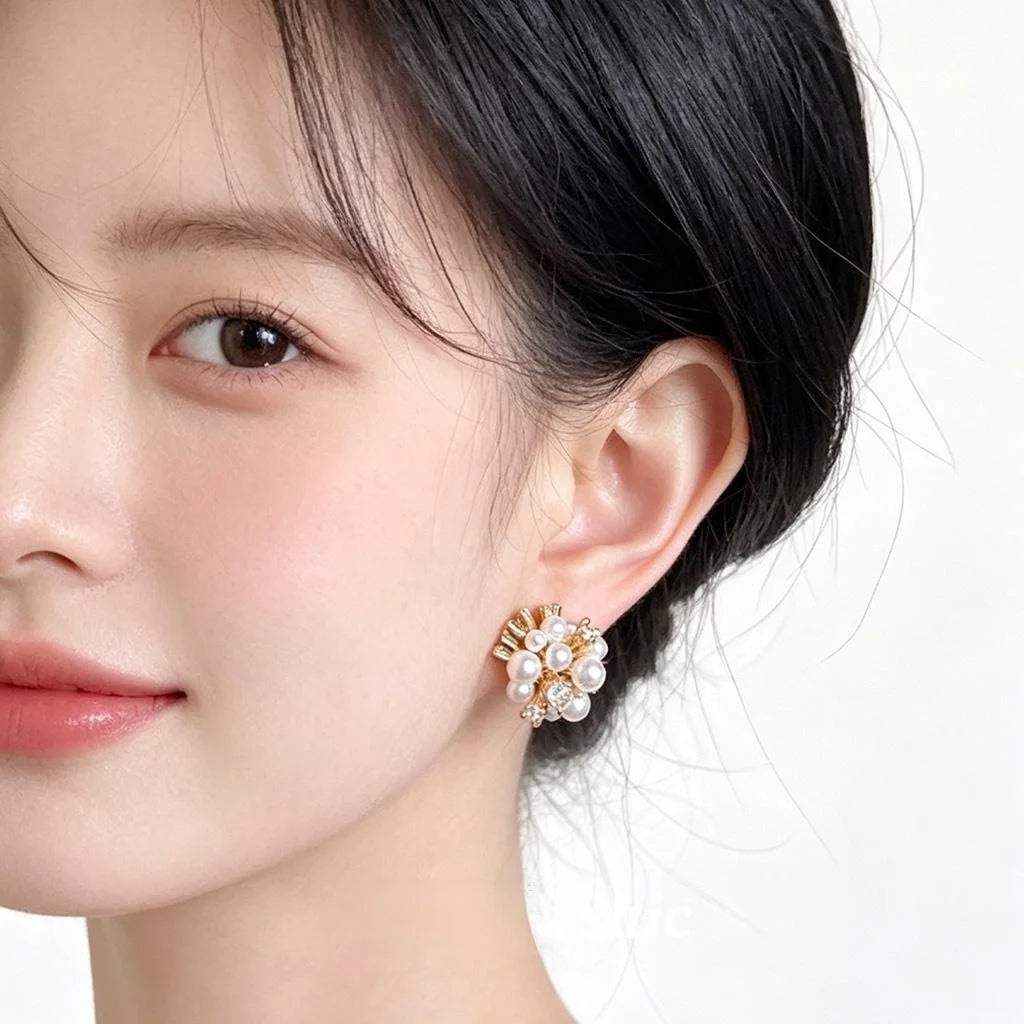 14K Plated Copper Pearl Zircon Firework Flower Stud Earrings Elegant French Geometric Jewelry