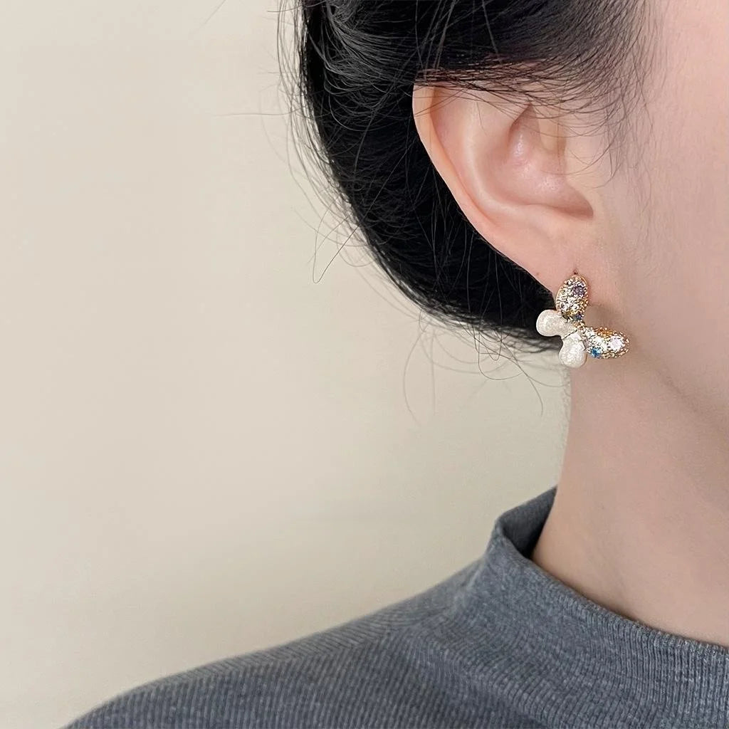 14K Gold Plated Copper Butterfly Stud Earrings With Colorful Zircon Micro Pave And Enamel