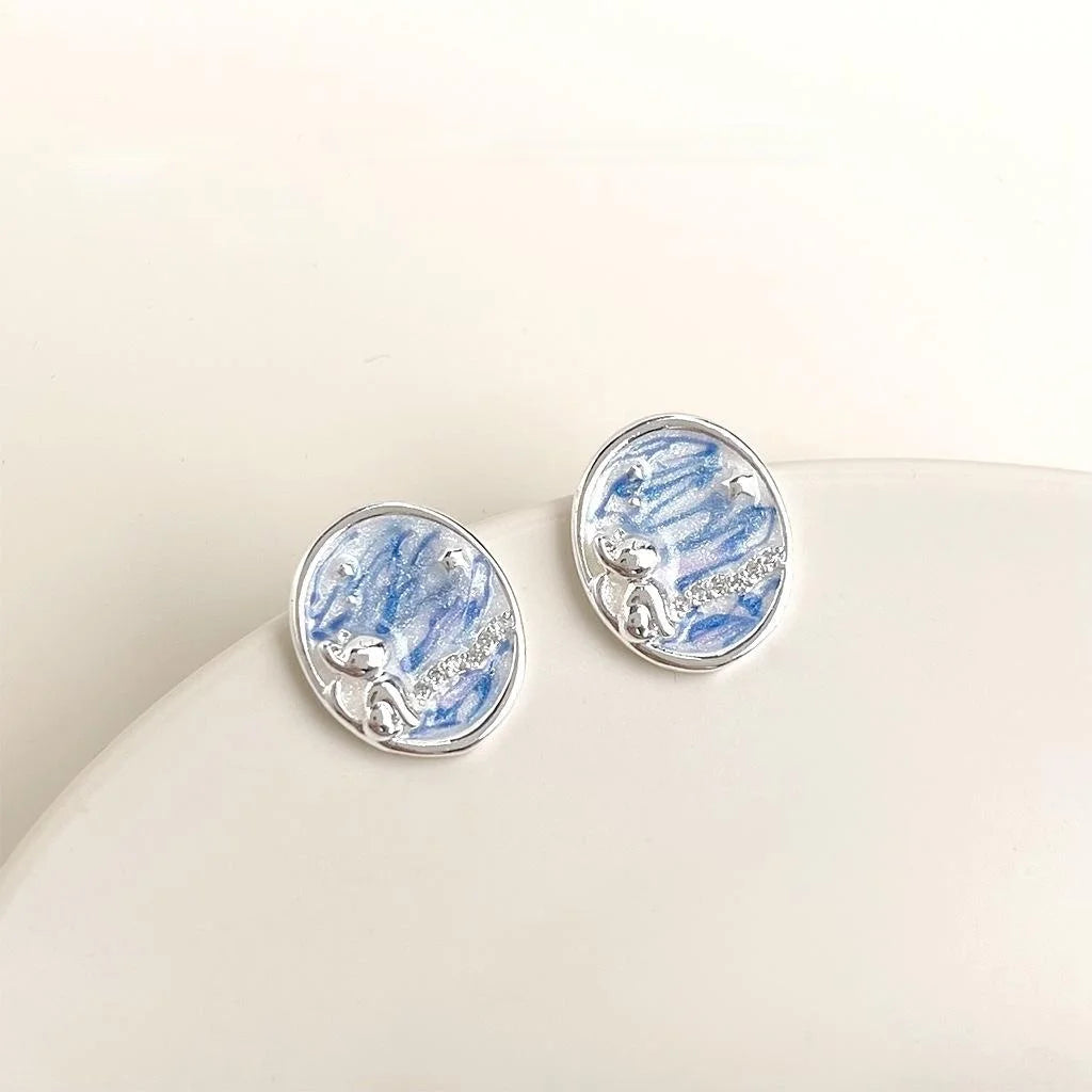 Designer Ocean Starry Sky Enamel Copper Cat Star Drop Earrings And Micro Pave Zircon
