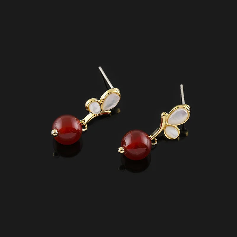 Vintage Shell Butterfly Red Agate Bead Drop Stud & Clip On No Piercing Gold Alloy Earrings