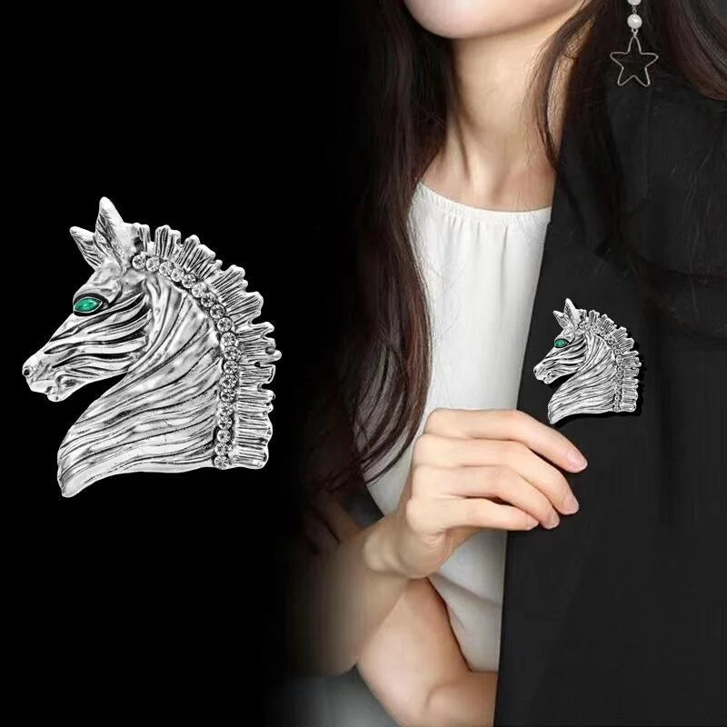 Vintage Silver Alloy Horse Head Brooch With Rhinestone Mane And Green Eye, Elegant Lapel Pin Suit Accessory