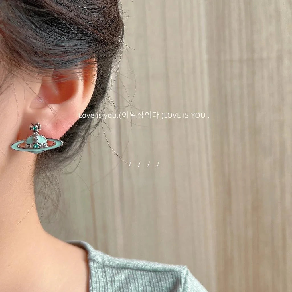 Milk Blue Saturn Stud Earrings Copper Enamel Star Planet Sweet Cool Jewelry