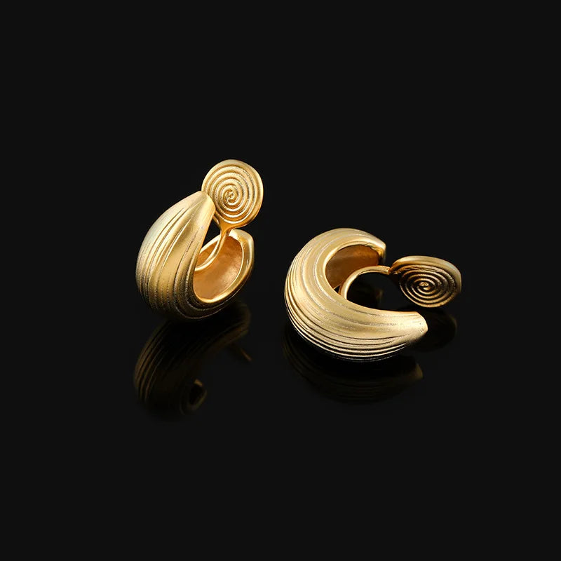 Elegant Luxury Matte Gold Alloy C Shape Striped Spiral Hoop Stud & Clip On No Piercing Earrings