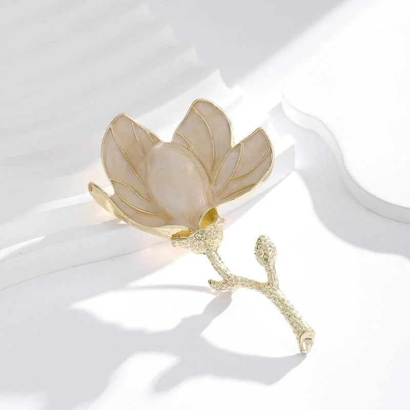 Elegant French Magnolia Flower Brooch With Mother Of Pearl Enamel Petals, Gold Alloy Lapel Pin Corsage Gift