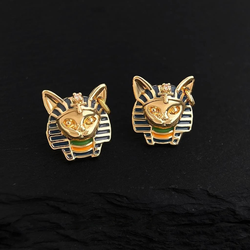 Vintage Egyptian Cat Head Pharaoh Stud Earrings 14K Plated Copper Enamel Irregular