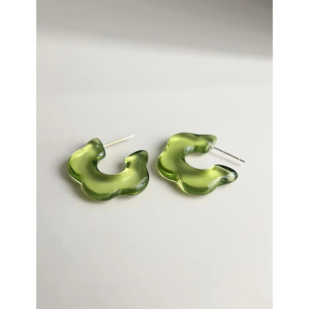 Mint Green Resin Flower C Shaped Wavy Hoop Earrings Forest Style Sweet Silver Plated Studs
