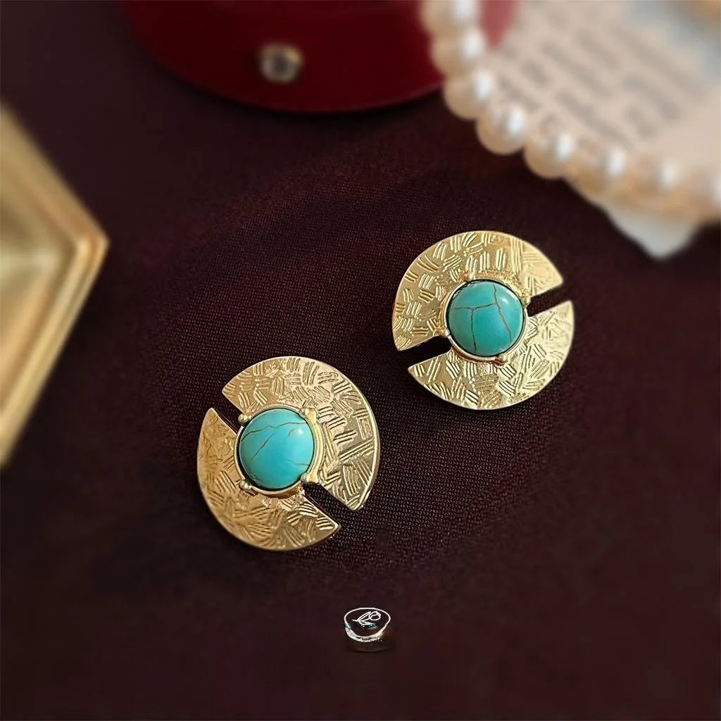 Vintage Copper Synthetic Turquoise Geometric Round Stud Earrings French Court Style