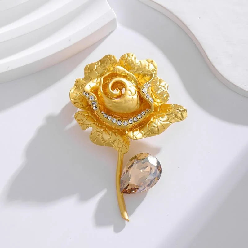 Vintage Gold Alloy Rose Flower Brooch With Rhinestone Petals And Red Crystal Drop, Elegant Lapel Pin Gift