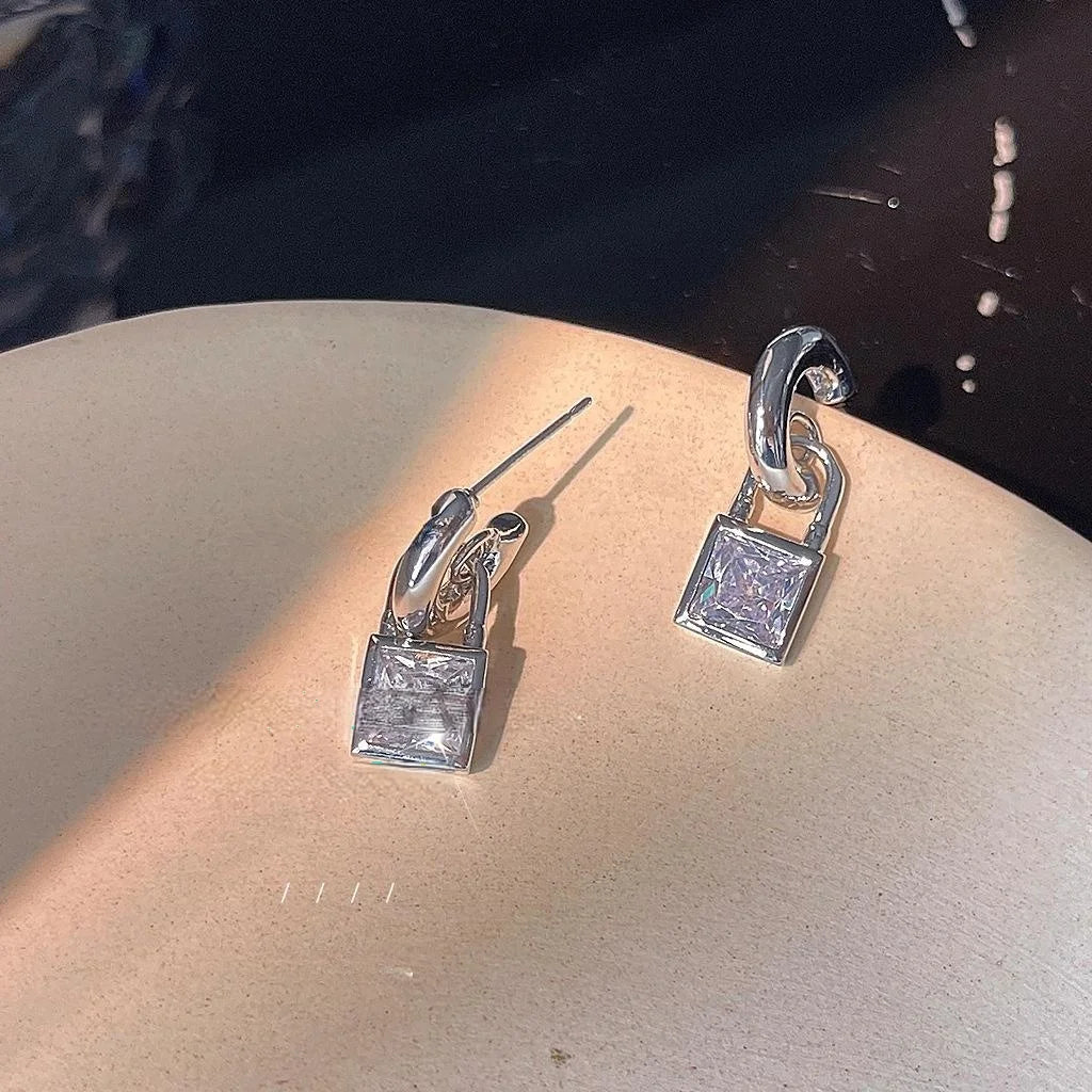 Copper Geometric Sugar Cube Zircon Lock Stud Earrings Minimalist Luxury Style For Women