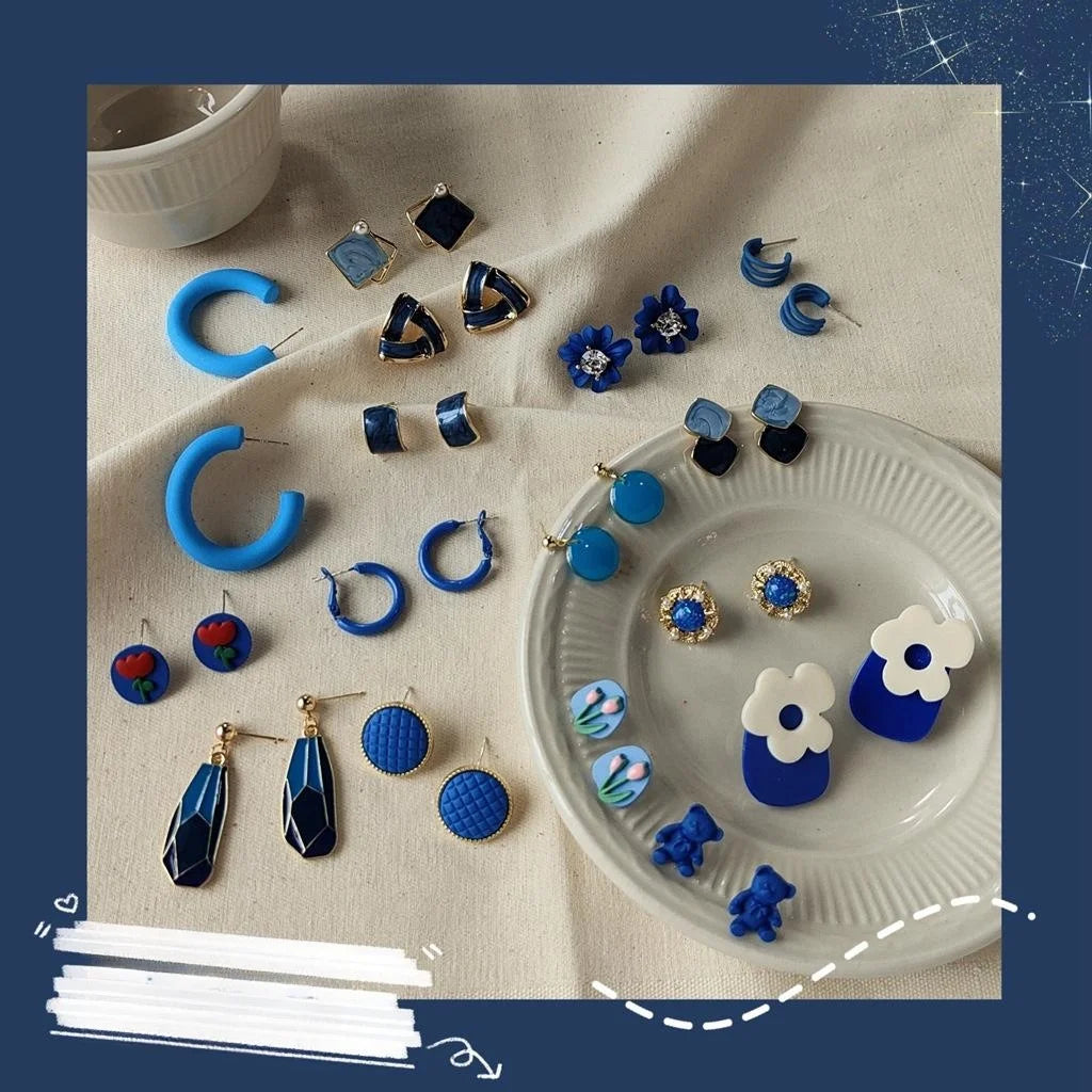 Klein Blue Silver Plated Copper Floral Round Stud Earrings, Hong Kong Style Korean Fashion