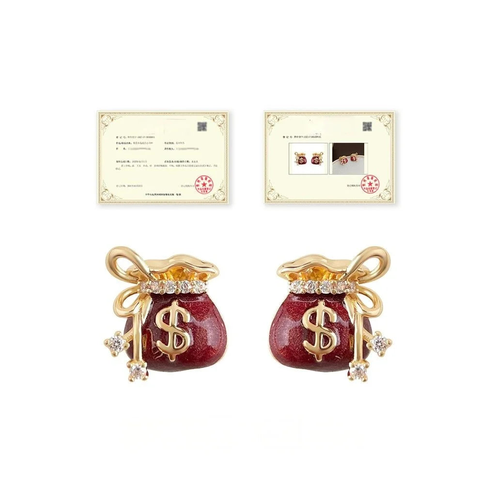 Luxury Burgundy Enamel Zircon Copper Money Bag Stud Earrings
