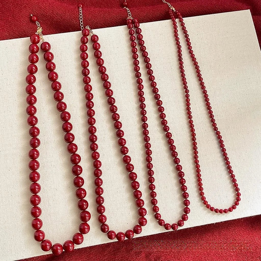 Vintage Red Glass Pearl Enamel Geometric Round Pendant Sweater Chain Choker Necklace