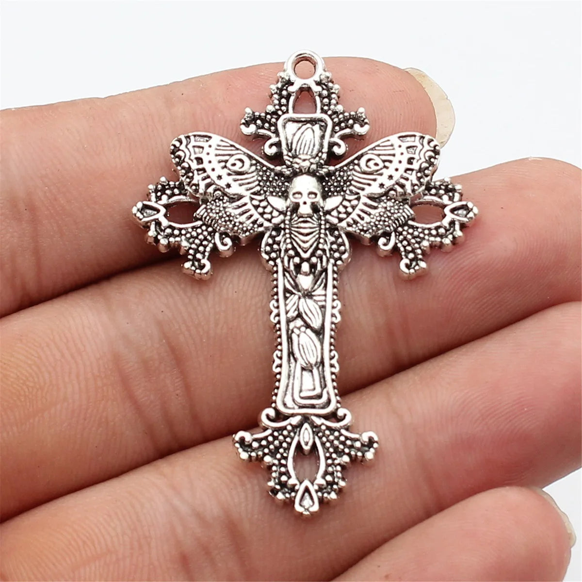 51x37mm 4g Antique Silver Zinc Alloy Skull Moth Cross Charm Pendant for Gothic DIY Necklace Making