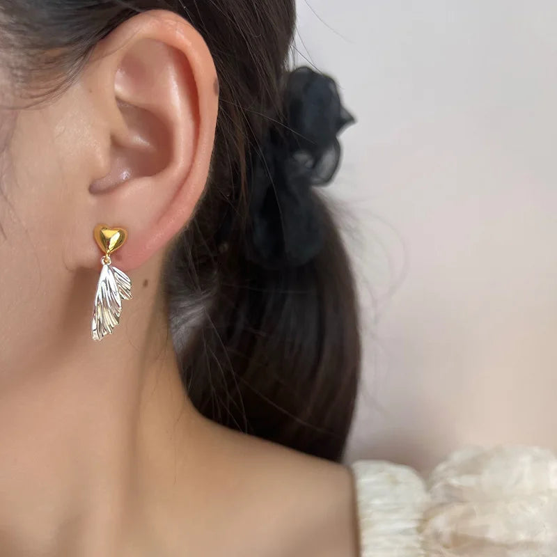 Elegant Gold Silver Two Tone Alloy Heart Fishtail Dangle Stud & Clip On No Piercing Earrings