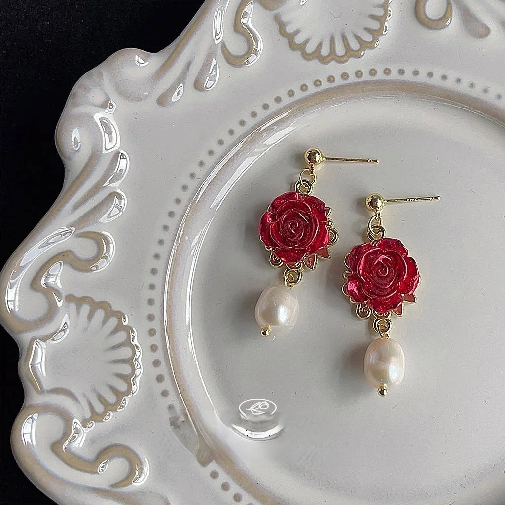 French Vintage Handmade Rose Stud Earrings 14K Plated Copper Freshwater Pearl Floral Jewelry