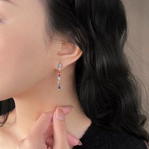 Style Copper Long Tassel Drop Earrings With Colorful Zircon Geometric Designer Jewelry