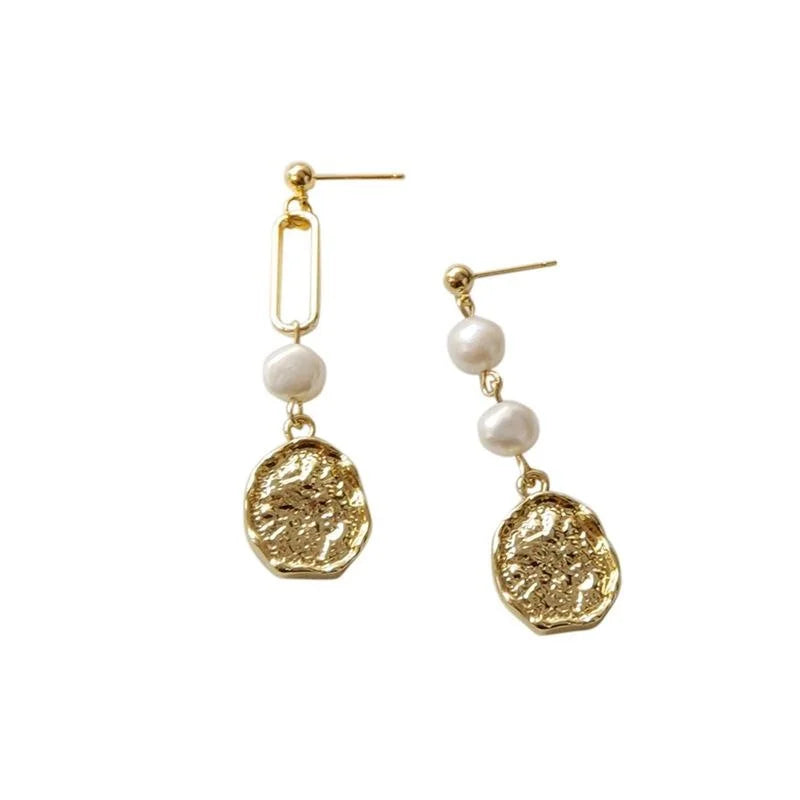 14K Gold Plated Freshwater Pearl Asymmetric Drop Earrings Handmade Geometric Vacation Style