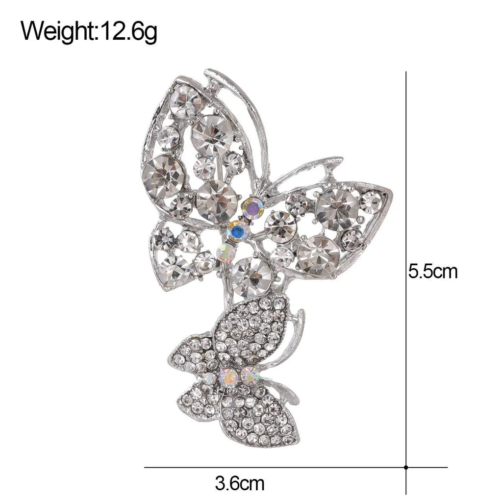 Elegant Double Butterfly Rhinestone Alloy Brooch, Sparkling Crystal Lapel Pin Corsage For Women's Suits
