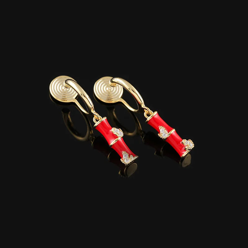 Elegant Red Enamel Bamboo Dangle Stud & Clip On No Piercing Alloy Zircon Oriental Earrings