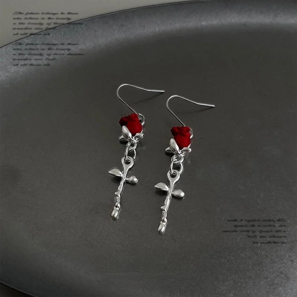 Copper Red Rose Flower Drop Earrings, Minimalist Sweet Cool Style