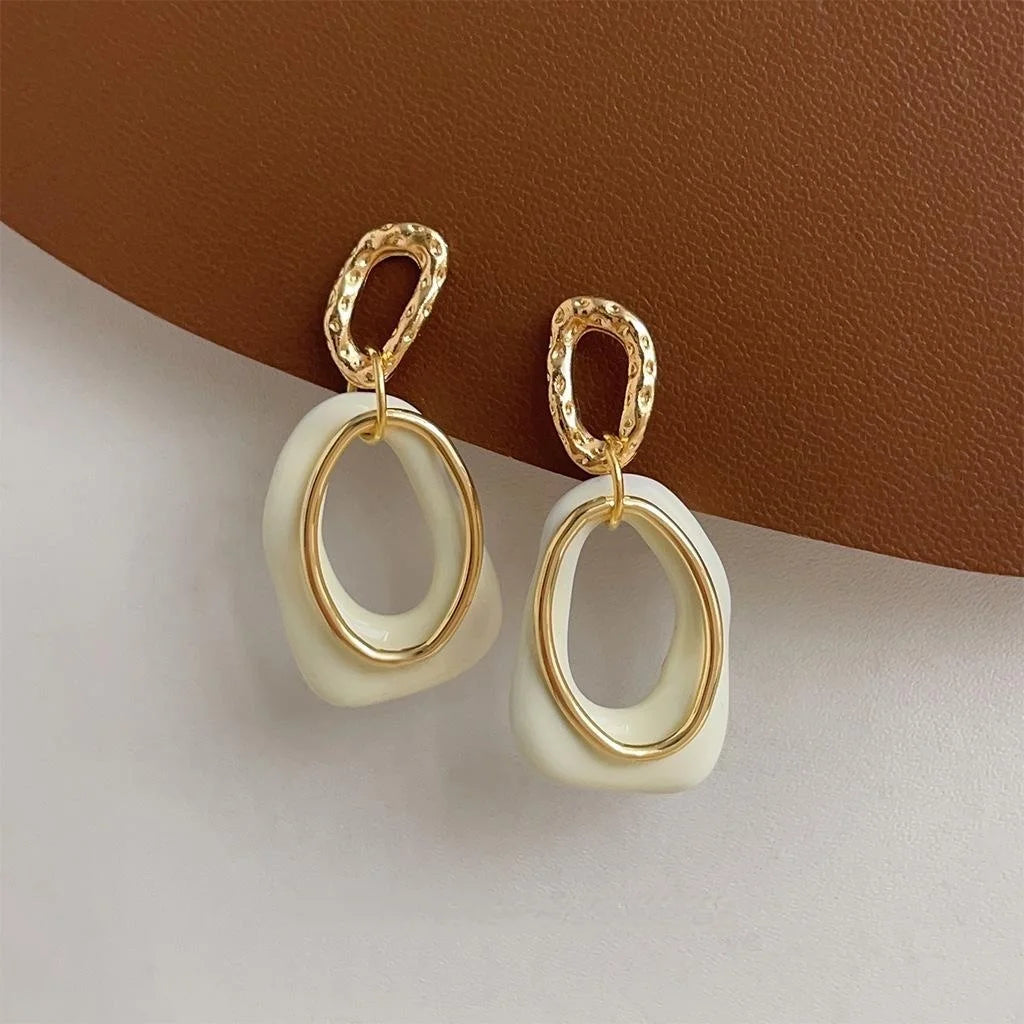 14K Gold Plated Copper Geometric Overlap Milky White Enamel Drop Earrings For Women