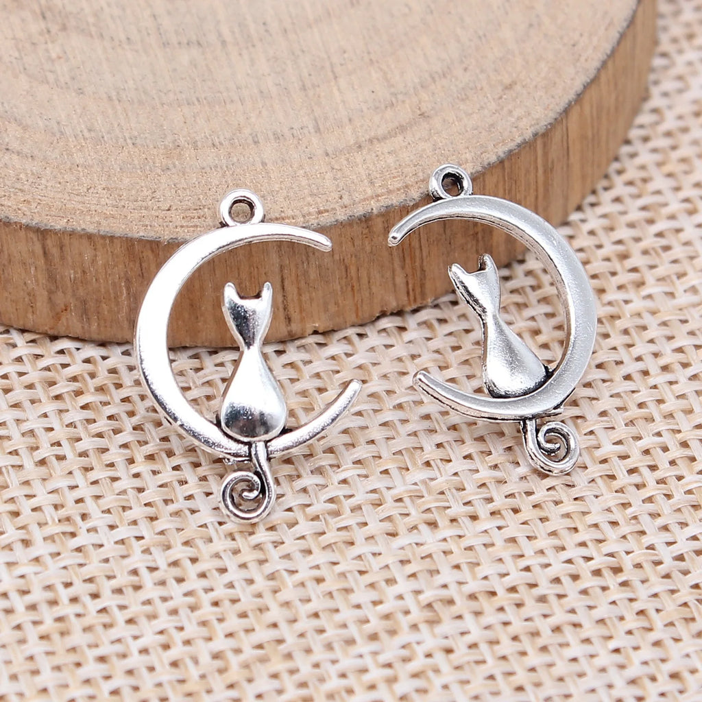 21x13mm 0.7g Antique Silver Tone Zinc Alloy Moon Cat Charm Pendant for DIY Necklace Jewelry Making