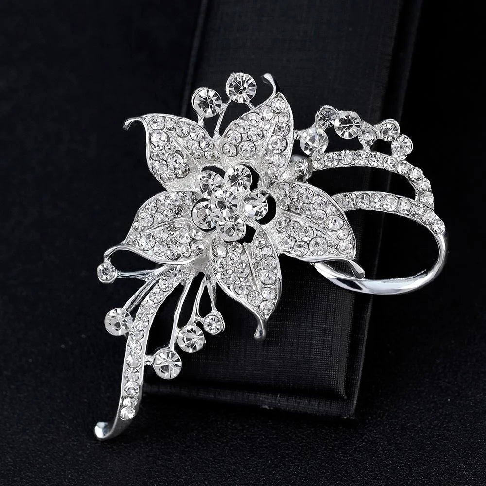 Elegant Rhinestone Alloy Flower Brooch For Women, Luxury Floral Lapel Pin Corsage Suit Accessory Gift