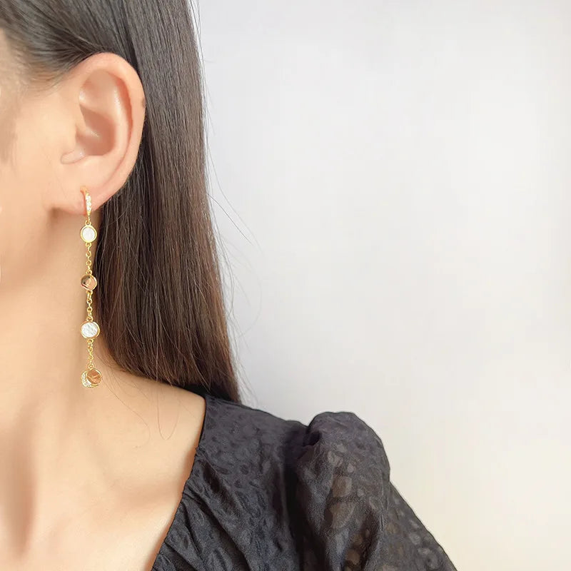 Elegant Shell Moon Disc Long Chain Tassel Gold Tone Alloy Rhinestone Stud & Clip On No Piercing Earrings