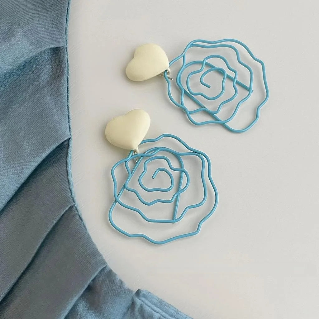 Sweet Summer Blue Hollow Enamel Rose Flower Copper Statement Drop Earrings For Women