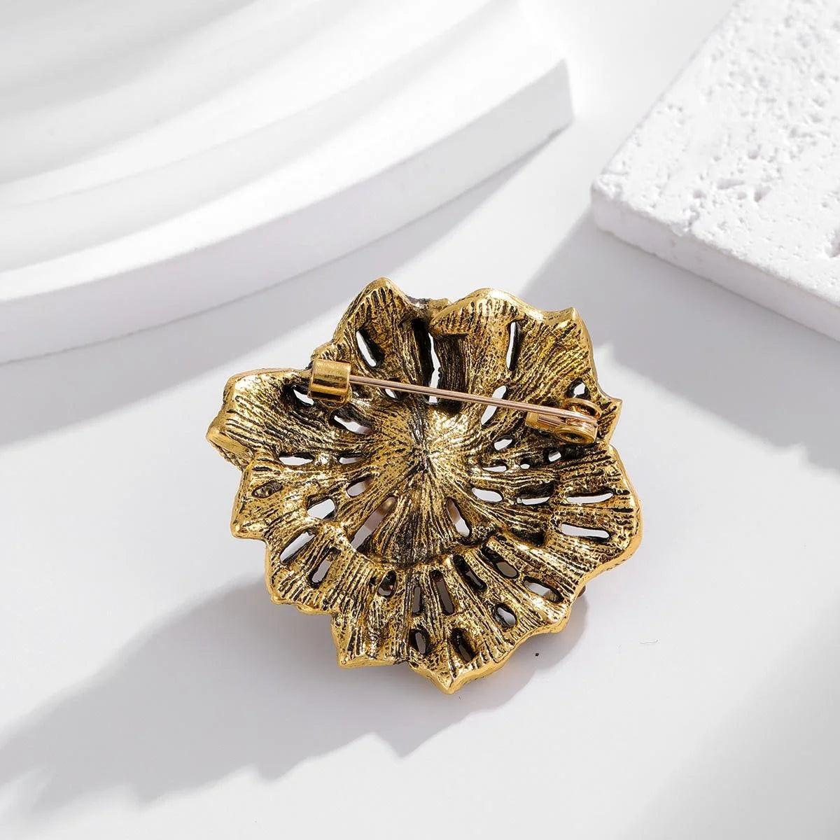 Vintage Rose Flower Brooch With Faux Pearl And Amber Rhinestones, Elegant Lapel Pin Suit Accessory Gift