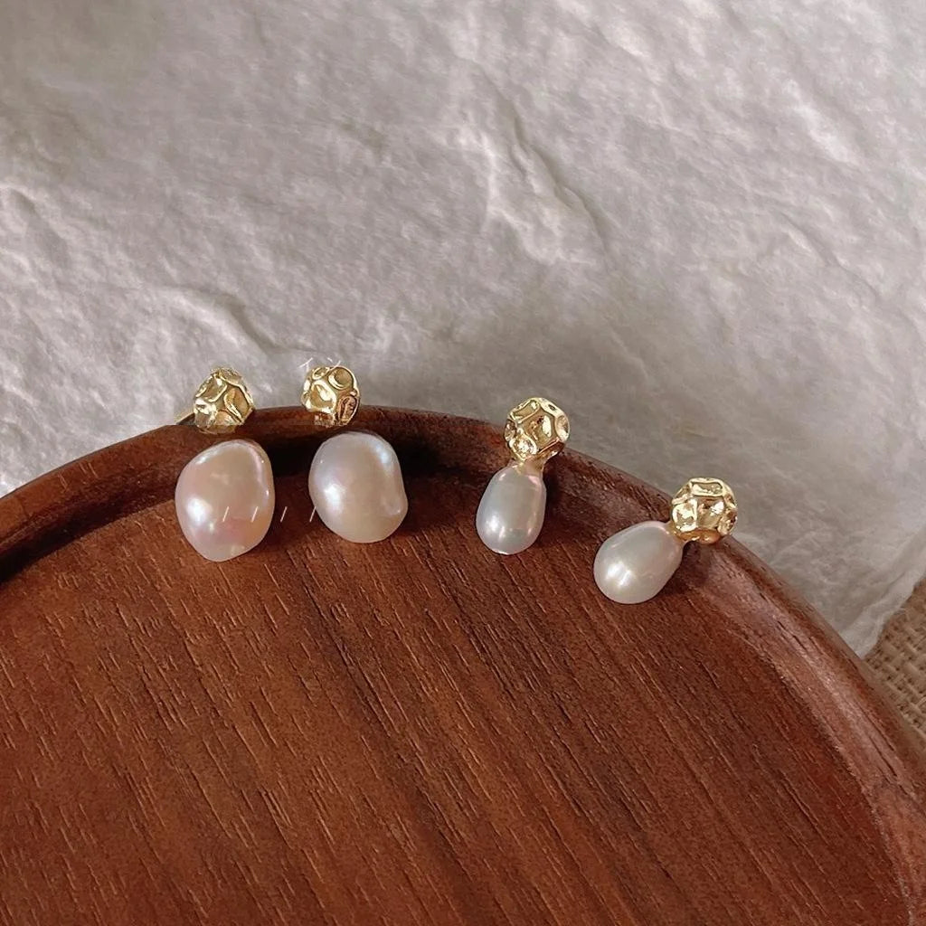 Baroque Irregular Freshwater Pearl Stud Earrings 14K Gold Plated Minimalist Jewelry