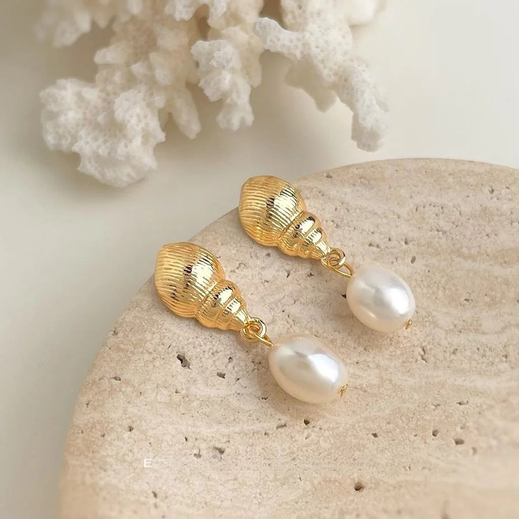 Freshwater Pearl 14K Plated Conch Drop Earrings Ocean Style Designer Jewelry