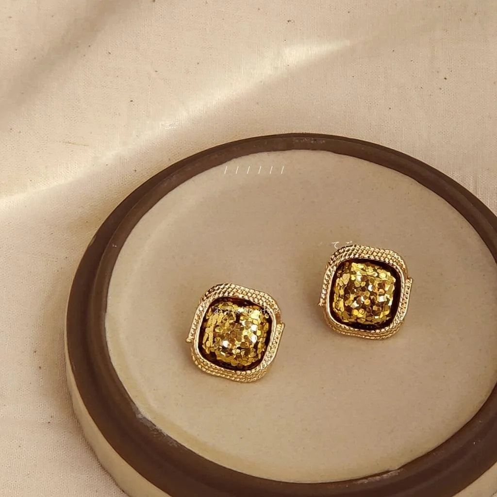 Vintage Palace Style Square Gold Copper Stud Earrings And 14K Plated Finish