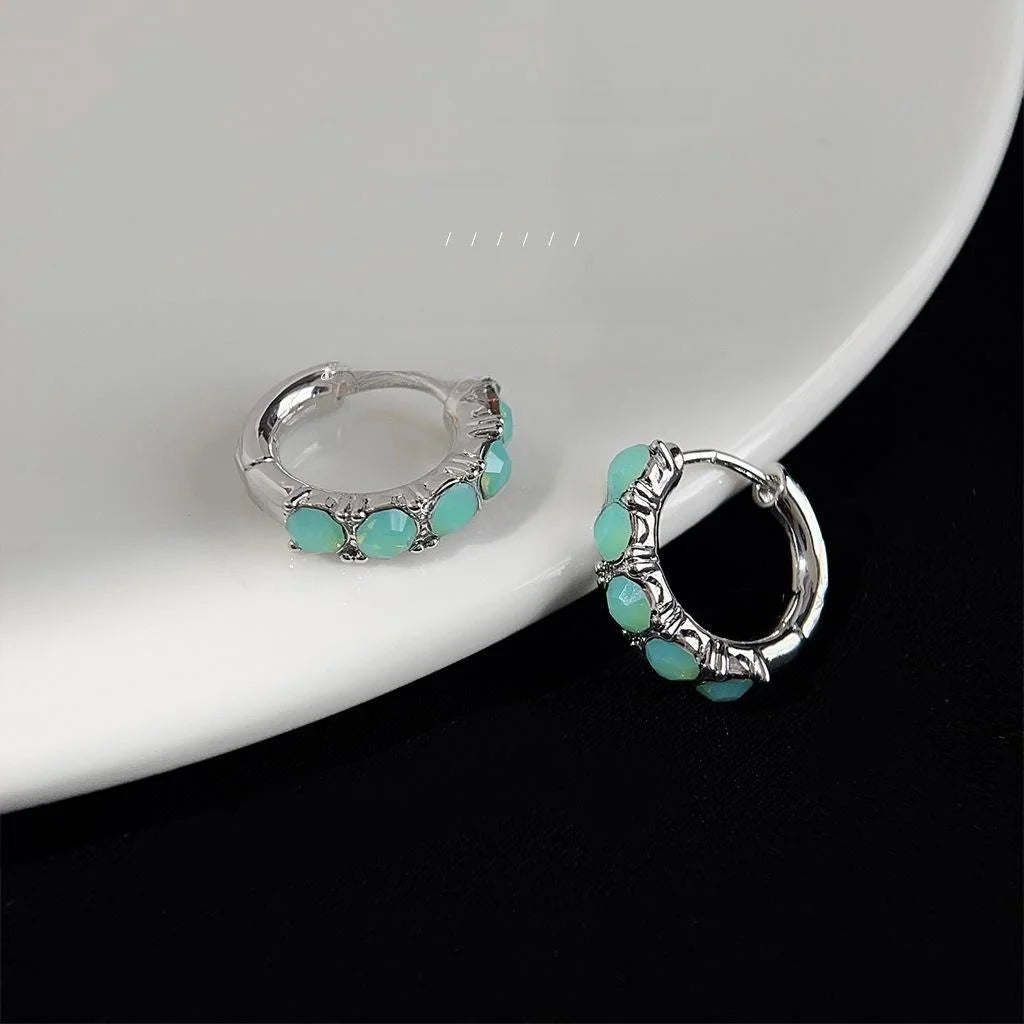 Style Copper Geometric Ring Drop Earrings With Green Glass Rhinestones