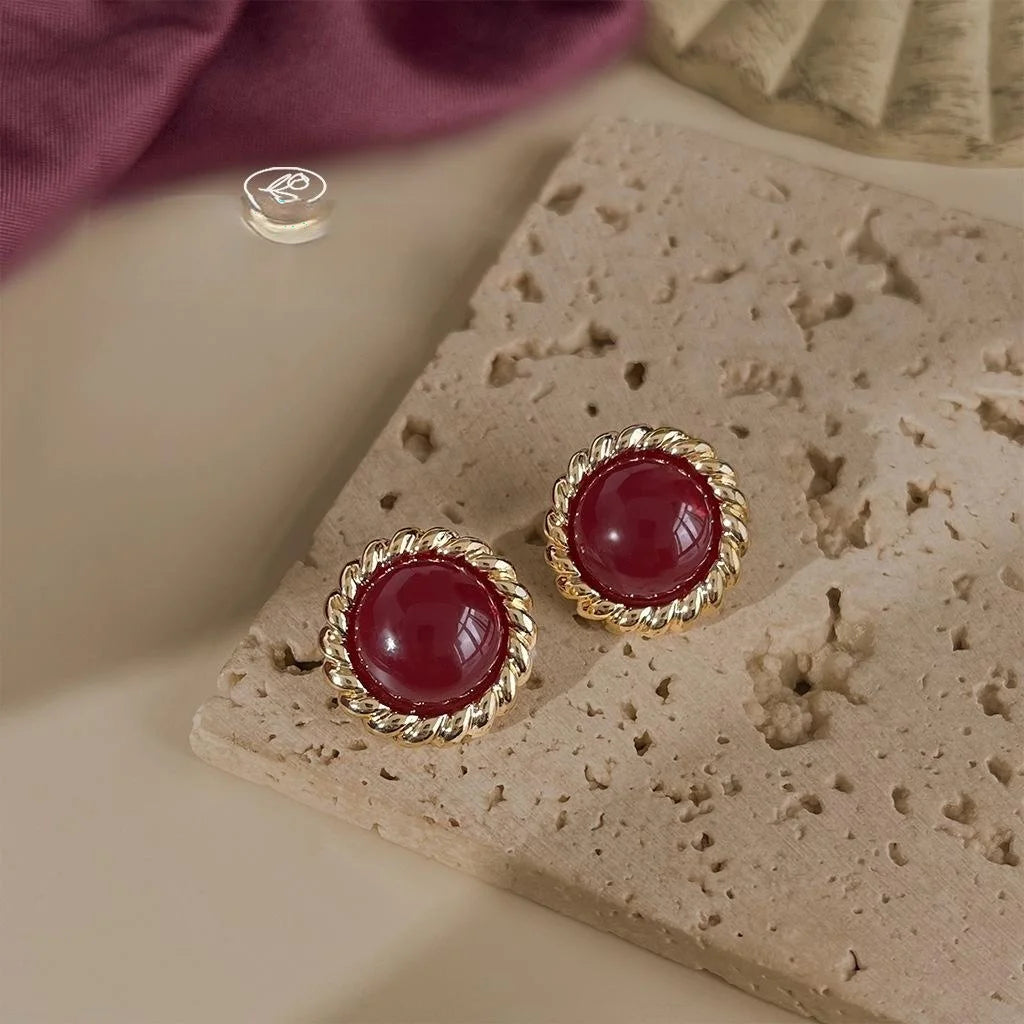 Vintage Red Round Copper Stud Earrings, French Palace Geometric Elegant Style