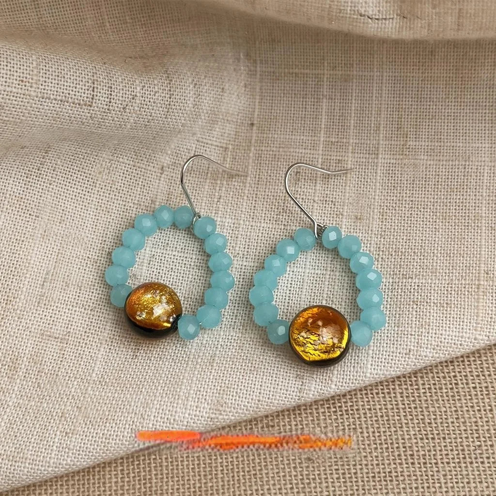 Aquamarine Glass Liuli Round Geometric Drop Earrings Vintage New Chinese Handmade Jewelry