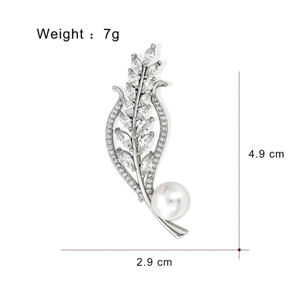 Luxury Wheat Leaf Rhinestone Pearl Alloy Brooch For Women, Elegant Lapel Pin Corsage Suit Accessory