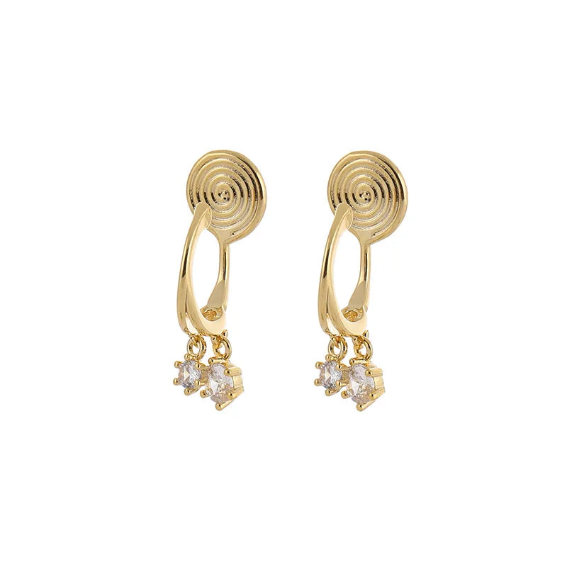 Elegant Gold Alloy Spiral Coil Mini Hoop Stud & Clip On No Piercing Zircon Dangle Earrings