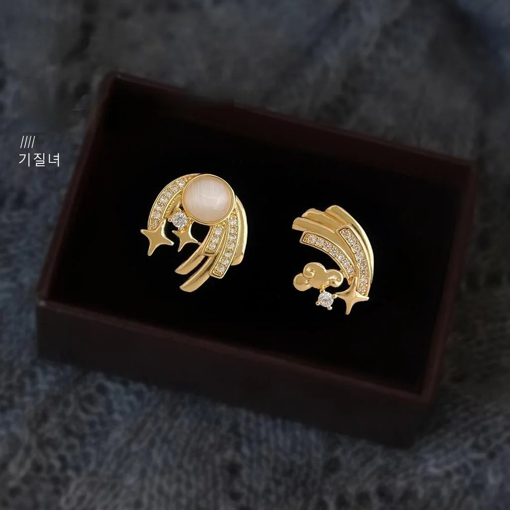 Light Luxury 14K Plated Copper Glass Cat Eye Cloud Star Zircon Stud Earrings