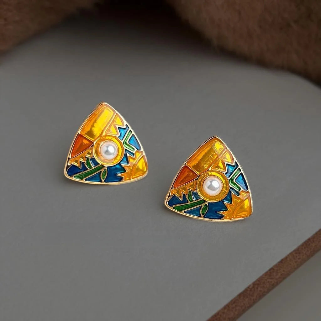 French Vintage Geometric Triangle Hand Painted Drip Enamel Zinc Alloy Stud Earrings