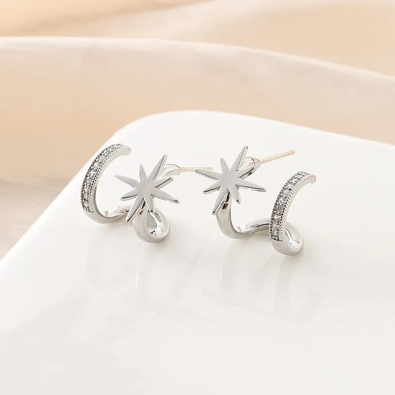 Elegant Silver Alloy Starburst Crescent Hoop Rhinestone Stud & Clip On No Piercing Earrings