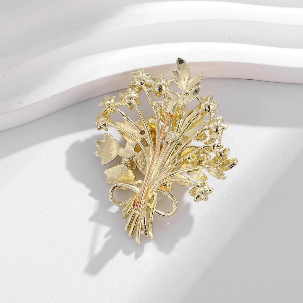 Elegant Rhinestone Floral Bouquet Brooch Gold Alloy Flower Branch Lapel Pin Corsage Suit Accessory Gift