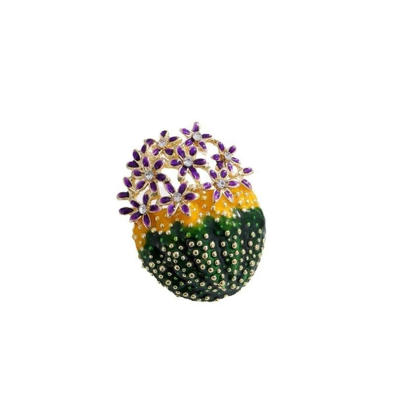 Cute Enamel Cactus Flower Brooch With Rhinestones, Gold Tone Alloy Plant Lapel Pin Corsage Gift