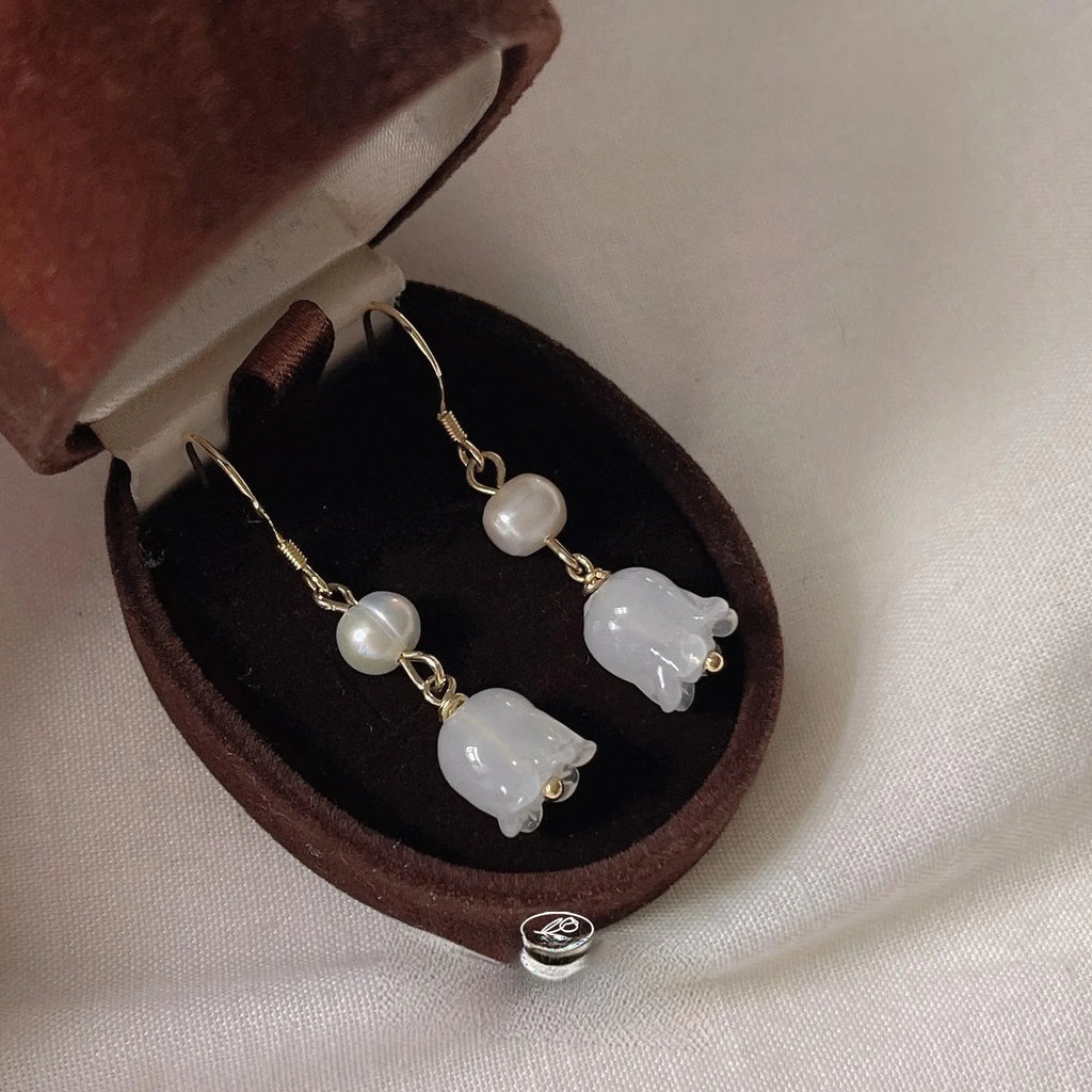 Silver Plated Glass Tulip Flower Drop Earrings Handmade Long Fresh Forest Style Jewelry
